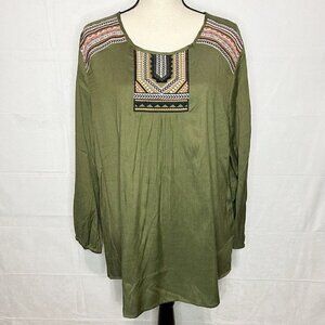 NWT Zenobia Olive Green Embroidered Tunic Top Long Sleeve NEW